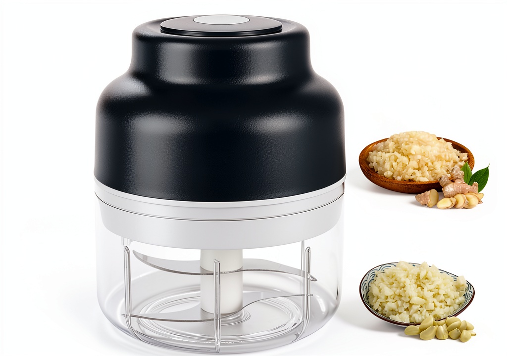 Portable food processor being used on a kitchen counter